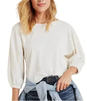 Anthropologie Women Cotton Knit Top XL Cream‎ Textured Balloon Sleeve Preppy thumbnail 1