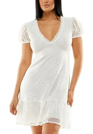NWT Speechless Lace Ruffled Lined Pullover Pouf Sleeve V Neck Dress S Off White thumbnail 1