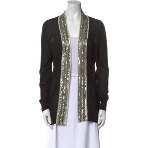 Tory Burch Cardigan Women‎ S Black Sequin Trim Linen Cotton Open Front 20103133 thumbnail 2