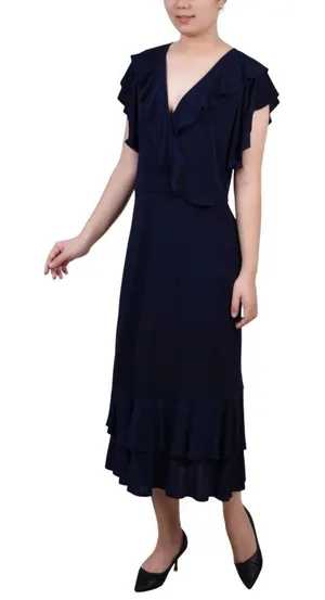 NWT Ny Collection Womens Petite Flutter Sleeve Ruffle Midi Dress Navy Blue PM thumbnail 1