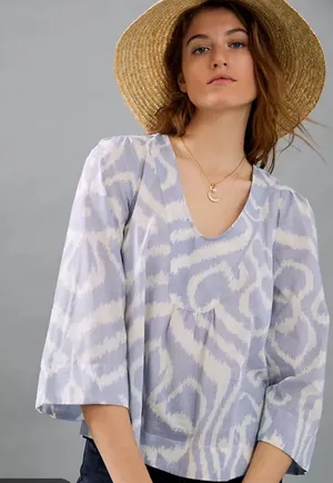 Anthropologie Blue White Ikat Cotton V-Neck Blouse XL Boho 3/4 Sleeve‎ Top thumbnail 1
