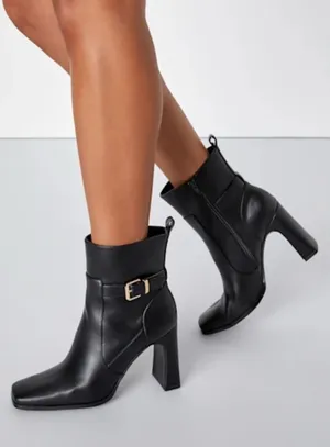 NWOT Lulus Audreyy Black Square Toe Buckle High Heel Ankle Booties Size 11 thumbnail 1
