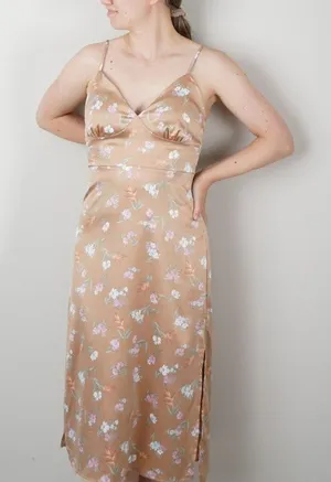Pink Rose Floral Midi Dress Slit Side Open Tie Bow Back Spaghetti Strap Spring L thumbnail 1