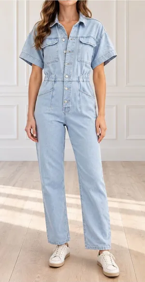 Free People We The Free Marci Coverall Sz XL Light Wash Denim Jumpsuit Utility thumbnail 1