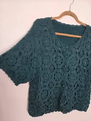 Noile Silk Exchange Blend Teal Green Floral Crochet Sweater Grannycore Cottage thumbnail 3