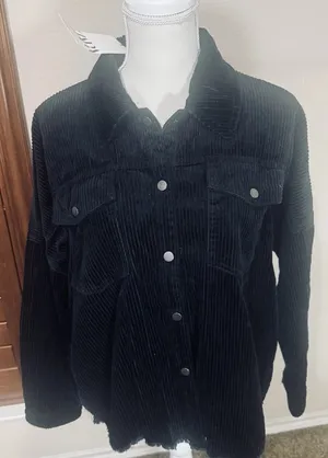 NWT ZARA Black Corduroy Shirt Jacket Shacket Women’s L raw hem fringe grunge thumbnail 1
