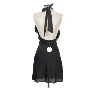 NIA Black Satin Plunge Halter Mini Dress Small Open Back Y2K Indie thumbnail 6