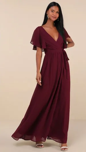 NWT Lulus Convincing Grace Burgundy Flutter Sleeve Wrap Maxi Dress Wedding Sz M thumbnail 1