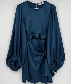 Petal + Pup Opal Teal Satin Balloon Sleeve Wrap Mini Dress US 8 thumbnail 1