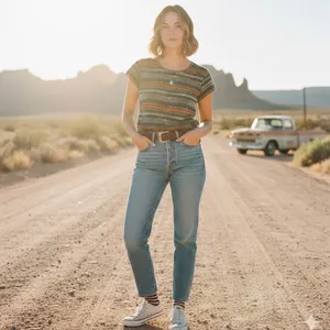 Vintage Retro Wrangler Earthy Striped Textured High Low Hem Knit Tee Small thumbnail 6