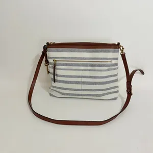 FOSSIL Fiona Blue WhiteStripe Large Crossbody Bag Purse Brown Faux Leather thumbnail 5
