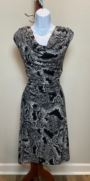 JBS Paisley Sequin Bodycon Dress Size M Black White Scoop Neck NWT Made in USA thumbnail 1