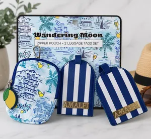 Wandering Moon NWT Amalfi Coast Travel Set Zipper Pouch Luggage Tags Blue Stripe thumbnail 1