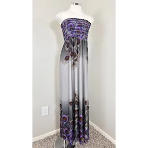 FOREVER 21 Y2K Strapless Maxi Dress S/P‎ Peacock Feather Print Smocked Bodice thumbnail 7