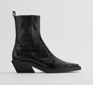 Zara Croc Embossed Square Toe Ankle Boots Black Architectural Heel Size 38 / 7.5 thumbnail 1