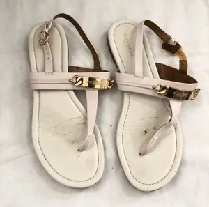 Coach Patent Leather T-Strap Logo Plate Caterine Sandals Light Beige Size 8 thumbnail 1