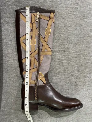 Tory Burch FELIX Riding Boots Brown Leather Equestrian Print Fabric Zip Size 5 thumbnail 10