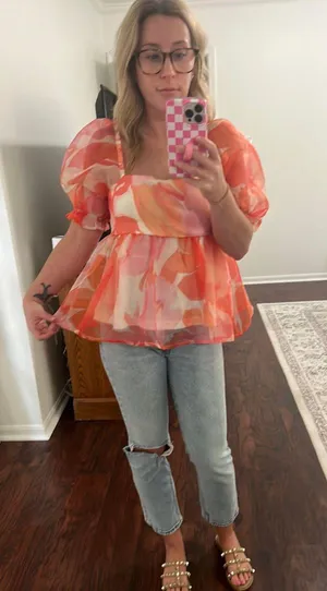The Clothing Exchange Company Boutique Floral Puffy Sleeve Top (pink and orange) thumbnail 1