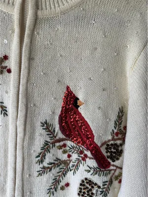Heirloom Collectibles Christmas Collection XL Cream Knit Cardigan with Cardinal/ thumbnail 5