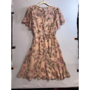 ASTR The Label Peach Floral Flutter Sleeve Metallic Stripe Midi Dress XS Womens thumbnail 4