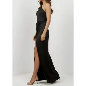 BHLDN Scottie One-Shoulder Side-Slit Stretch Satin Maxi Dress, Black, XS thumbnail 3