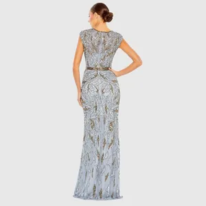 Mac Duggal Size 12 Silver Gray Gold Beaded Cap Sleeve Column Gown Maxi Dress thumbnail 5
