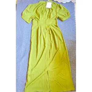 Mock Neck Midi Dress Womens Olive Green New Pleated Puff‎ Sleeve Slit thumbnail 5