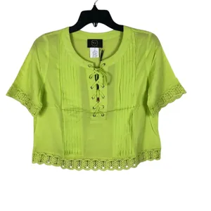 Neon Green Yellow Lace Up Cropped Top Lace Trim Pleated Blouse Size Small thumbnail 3
