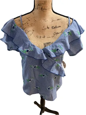 Gypsies & Moondust Ruffled Gingham Off-The-Shoulder Blouse Size L (19” PTP) NWT thumbnail 3