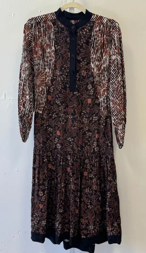 Warm NY Mixed Print Silk Viscose Midi Dress Brown Floral Stripe Size 0 Boho Fall thumbnail 1