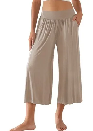 NWT ~ Plus Size Tan Wide Leg Cropped Casual Palazzo Pants Yoga Lounge ~ XXL thumbnail 1