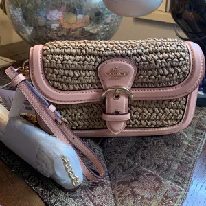 Authentic COACH Leather/suede/Straw flap logo Crosby/shoulder/wristlet bag thumbnail 1