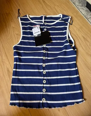 Free People Navy and White Striped Button Ribbed Tank thumbnail 1