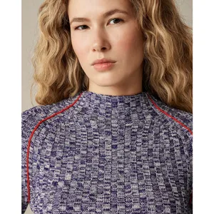 J.Crew Womens‎ XL Blue Marled 100% Merino Wool Wide Rib Mockneck Sweater Raglan thumbnail 3