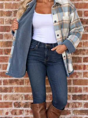Love Tree Reversible Slate Blue Corduroy Plaid Fleece Shacket Jacket Women’s XL thumbnail 7
