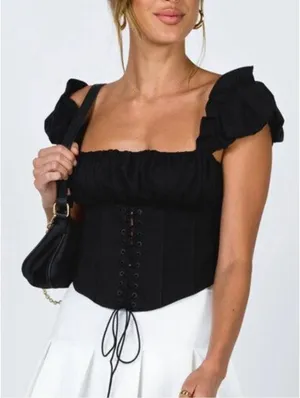 Princess Polly Black Gathered Front Lace Up Bustier Corset Crop Top Size 0 thumbnail 1