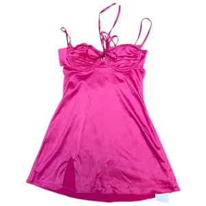 Hot Pink Satin Lace Slip Mini Dress NWT Size Small Ruched Spaghetti Strap Party thumbnail 7