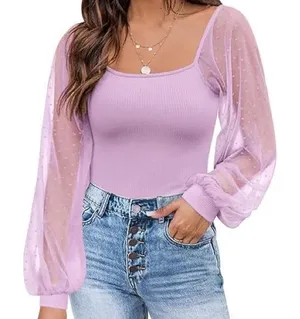 💥 Dorose Purple Polka Dot Mesh Sleeve Ribbed Top thumbnail 1