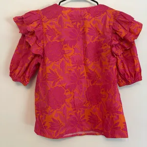 Sugarlips Small Blouse Top Floral Puff Ruffle Sleeve Orange Pink Cotton Garden thumbnail 3