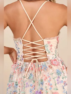 Lulu's Mahryn Beige 3D Floral Embroidered Midi Bodysuit Dress thumbnail 5