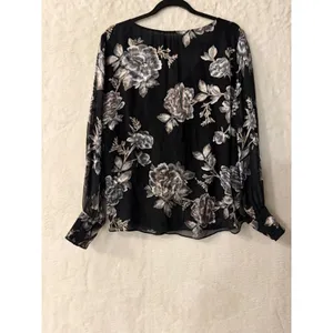 White House Black Market Floral Ruffle V-Neck Blouse Black‎ Grey Silver Large thumbnail 4