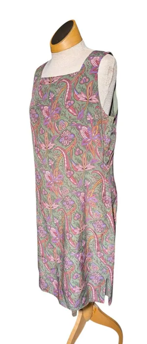 Vtg 1990s Casual Corner Green Pink Paisley 100% Silk Knee Length Sheath Dress 12 thumbnail 1