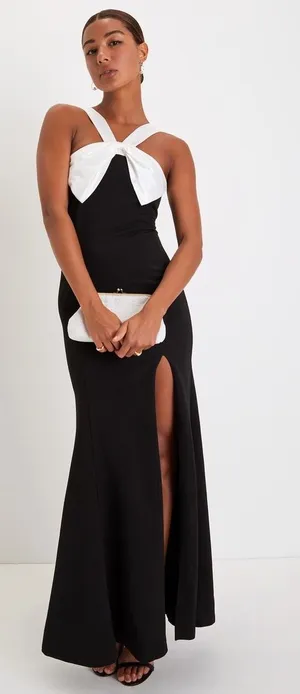 Lulus Luxurious Outlook Black and White Bow Mermaid Maxi Dress Wedding Size S thumbnail 1