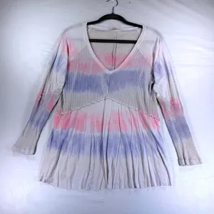 POL Tie Dye Ribbed V-Neck Peplum Long Sleeve Top Pink Purple RCT961A Medium thumbnail 2