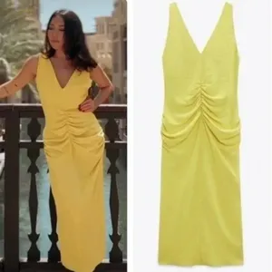 NWOT Zara Center Ruched Detail V-Neck Wide Straps Yellow Midi Dress Small thumbnail 3