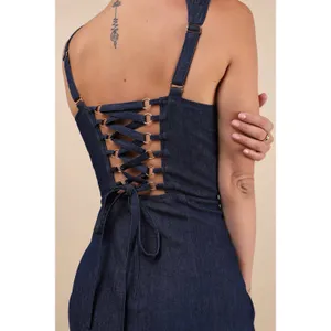 NWT Lulus Keep It Darling Dark Wash Denim Bustier Lace-Up Midi Dress Party Sz S thumbnail 9