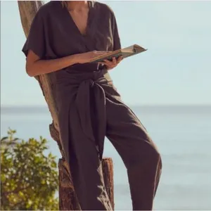 Free People ‘Shining Sun’ Front Waist Tie Linen Blend V Neck Jumpsuit Small thumbnail 10