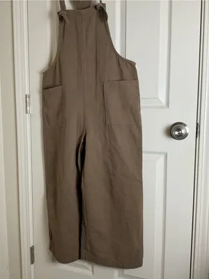 Miou Muse Taupe Linen-Blend Wide-Leg Overalls - Size M Women’s thumbnail 3