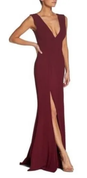 NWOT Dress the population Sandra Plunge Crepe Trumpet Gown Burgundy sz S thumbnail 1