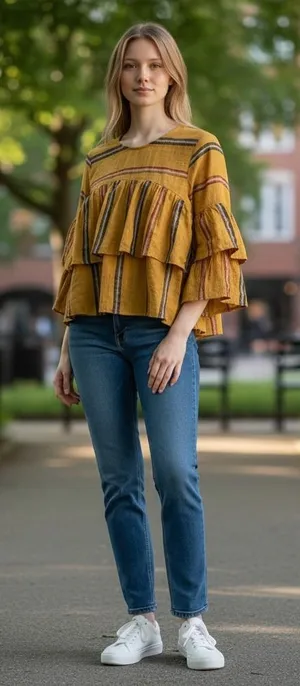 Talori Striped Blouse Women L Mustard Excellent Ruffle Tiered Bell Sleeve Top thumbnail 1